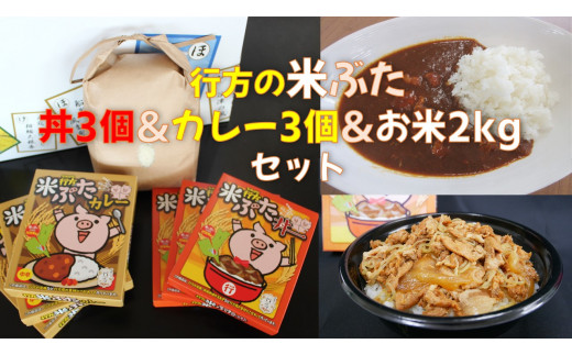 CU-12 行方産コシヒカリ2kg＆米ぶた丼3個＆米ぶたカレー（中辛）3個入りセット